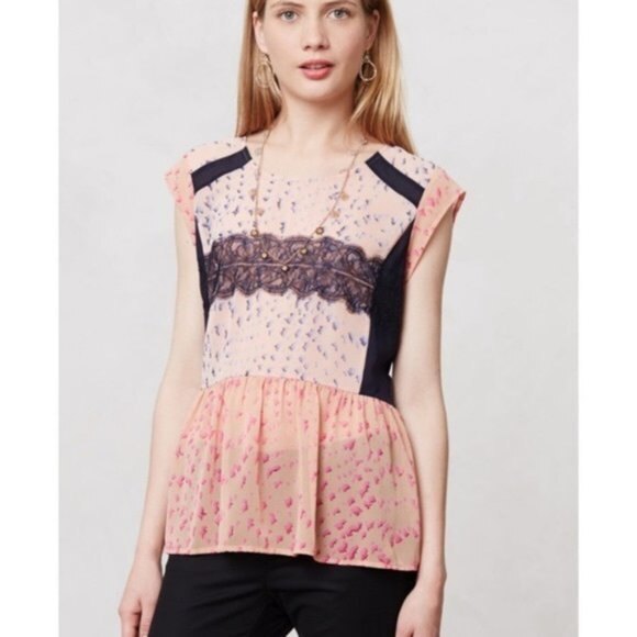 Anthropologie Maeve Evangeline Pink Peplum Sheer Lace Top Size XS - Picture 1 of 6